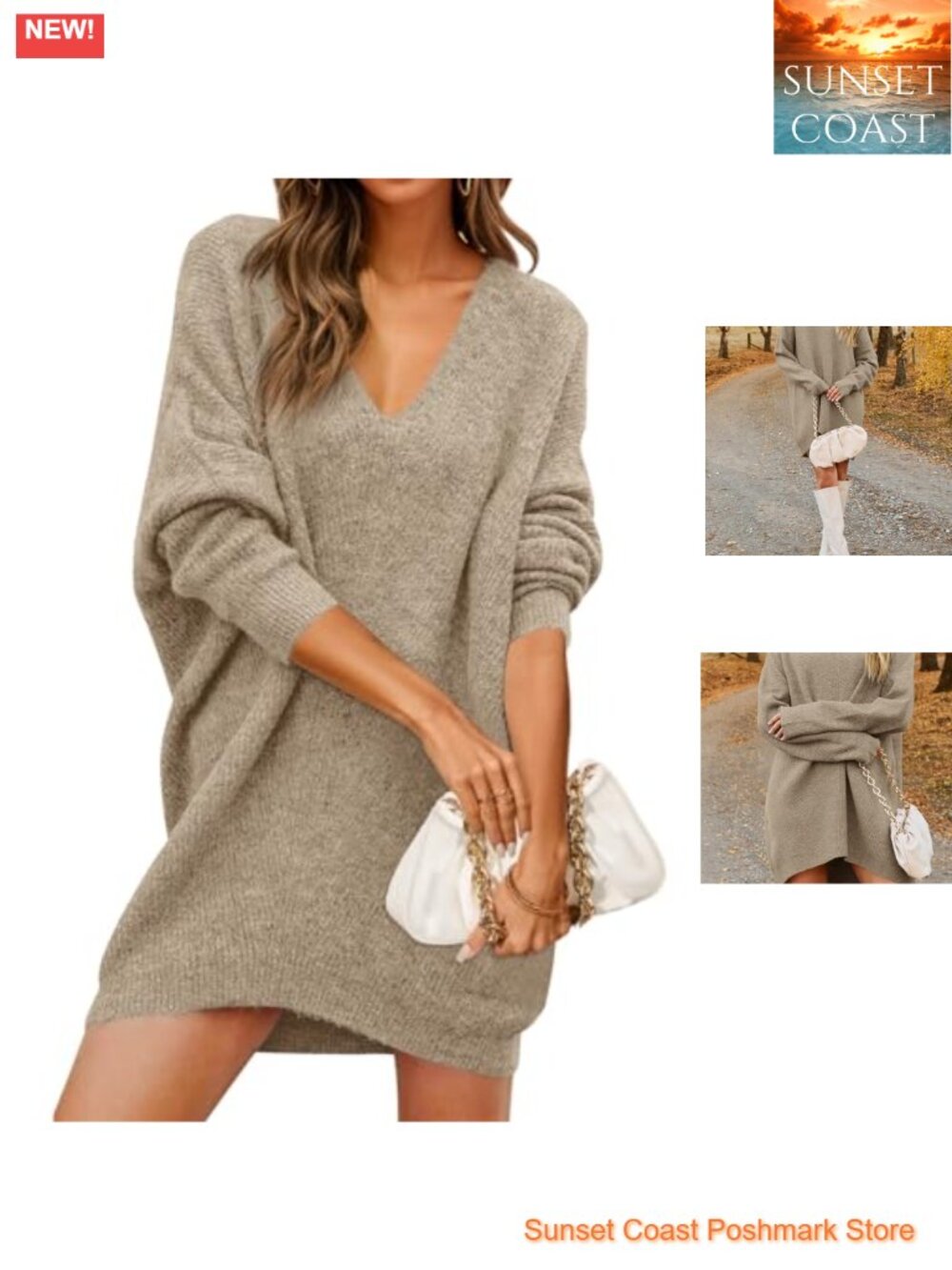 Oversized Mini Sweater Dress Ribbed Knit V Neck Long Sleeve Tunic Pullover